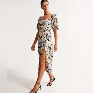 Abercrombie & Fitch Camille Puff Sleeve Midi Dress Cream Floral Wedding Guest